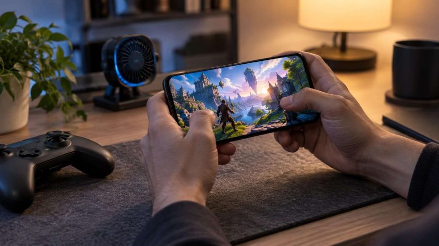 Teléfono Android utilizado para jugar junto a un mando en un escritorio doméstico