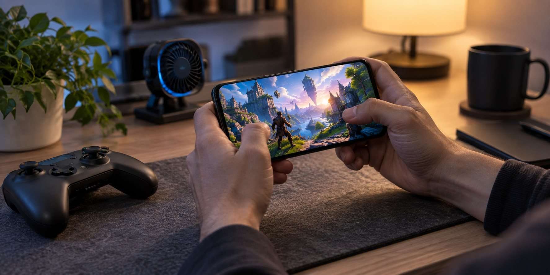 Optimizar juegos en Android sin apps milagro: ajustes que sí ayudan — Imagen 1 Teléfono Android utilizado para jugar junto a un mando en un escritorio doméstico